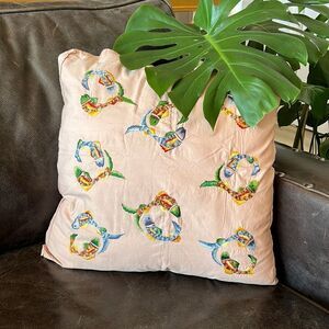 Embroidered Vintage Coy Fish Pillow Sham - Handmade 12x12 Tan and Multi-Color